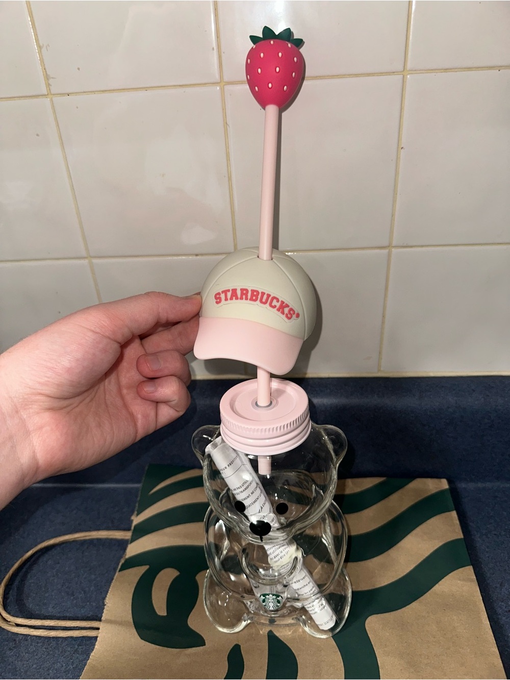 Starbucks Strawberry Bear Glass Cup with Pink Straw and Cap - Picture 5 of 5